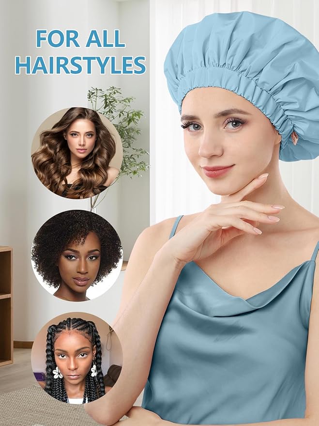 Years calm Reusable Waterproof Shower Caps for Women, Hair Caps for Showers, Double-Layer Elastic Design, for All Hairstyles, Travel-Friendly (Sky Blue)