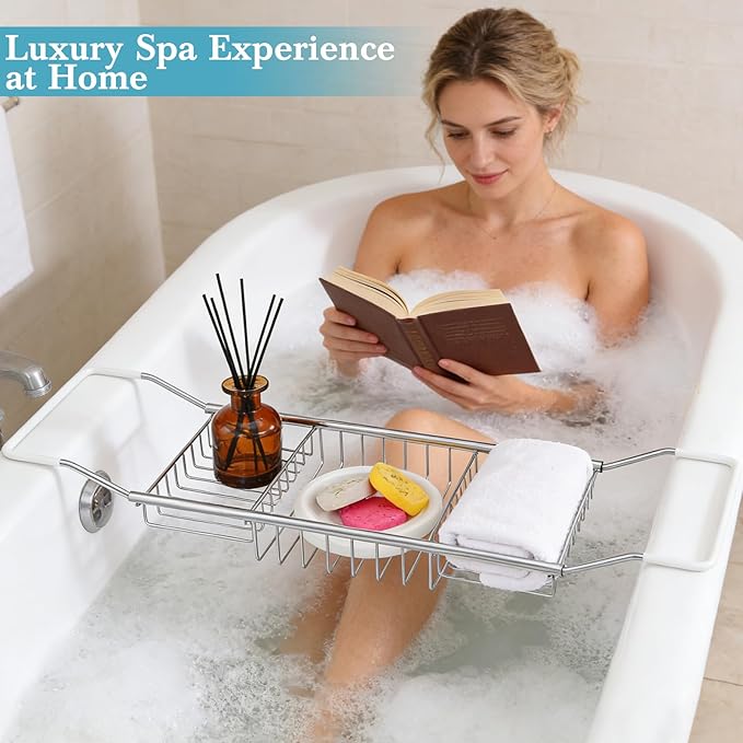 Cabilock Stainless Steel Expandable Bathtub Tray, Chrome Polished Telescopic Bath Tub Shelf, Bathroom Organizer for Soap, Shampoo, Phone and Sundries