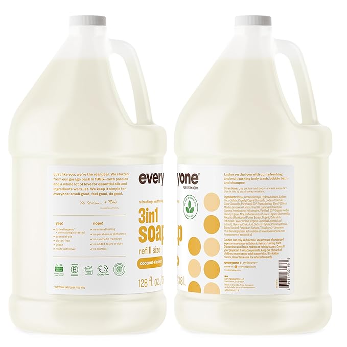 Everyone 3-in-1 Soap, Body Wash, Bubble Bath, Shampoo, 1 Gallon, Coconut and Lemon, made with Essential Oils for Men and Women