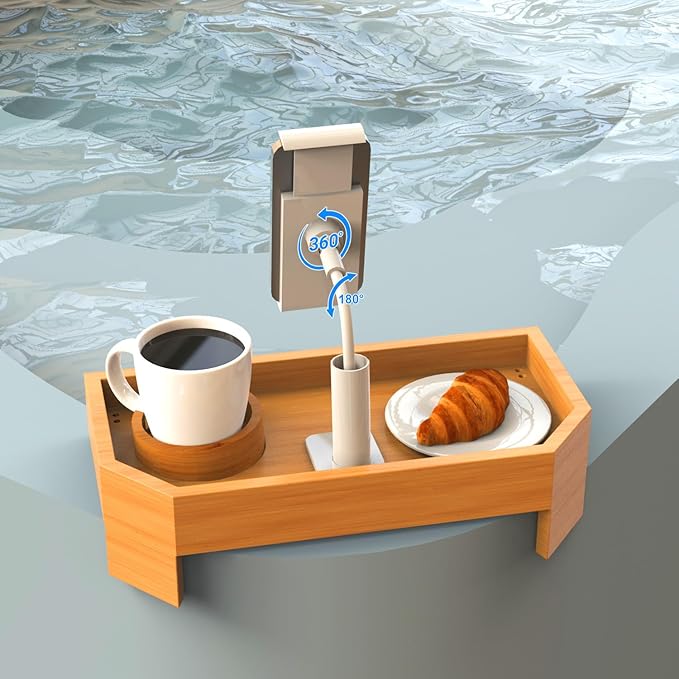 Vespara Bamboo Hot Tub Tray Table with Adjustable Phone Holder, Non Slip Hot Tub Table Spa Gifts for Women, Bathtub Canddy Tray with Wine Glass Holder Tray for Luxury Bathtub& Bathroom Accessories