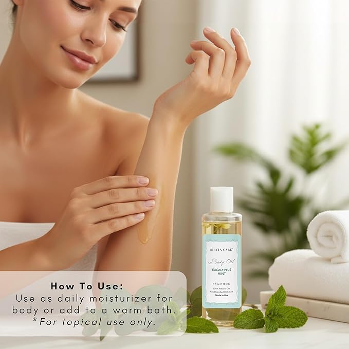 Olivia Care Body Oil Eucalyptus Mint Vegan & Natural | Hydrating & Moisturizing - Infused with VITAMIN E, K & Omega Fatty Acids - Refreshing Fragrance - (Eucalyptus Mint)