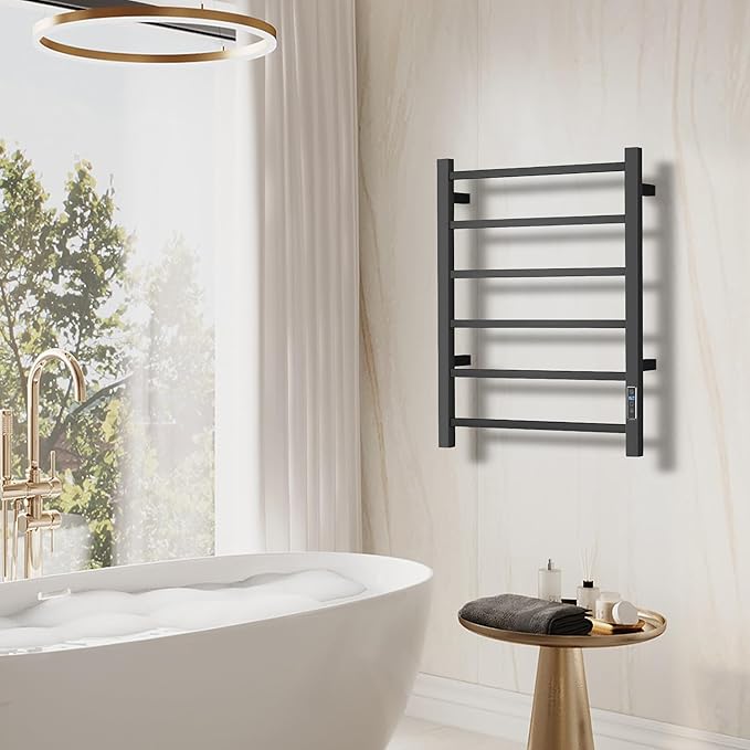 Electric Heated Towel Warmer - Wall Mounted Bathroom Towel Rack, Plug-in Design & Brushed Stainless Steel Black with Timer & Temperature Control 6 Bar
