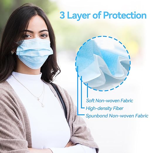 Jointown Disposable Face Mask - 3 Ply Protection Face Masks, 50 Pack Blue