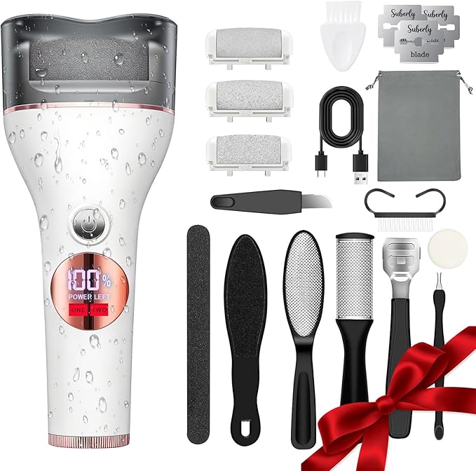 Electric Callus Remover for Feet, Rechargeable Waterproof Foot File Professional Foot Care Tools with 17-in-1 Pedicure Kit, Portable Callus Remover Kit to Remove Dead Skin Hard Skin Dry Cracks(White)