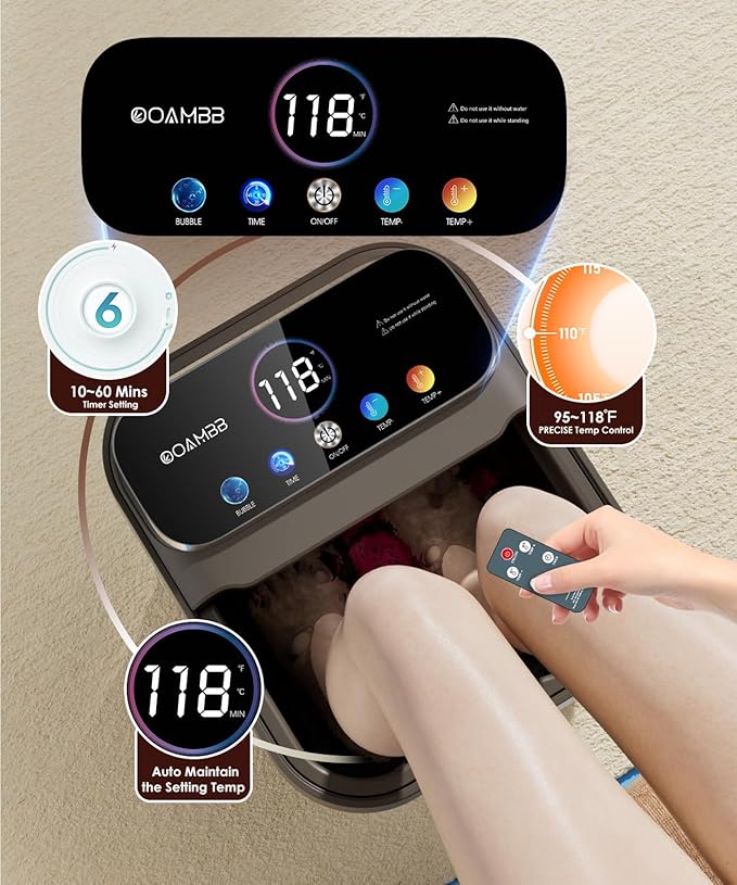 OOAMBB Collapsible Foot Spa with Heat, Bubble,Temp Control,Remote Control, Color Touch Screen Foot Bath Massager with 6 Massage Rollers,Foot Soaking Tub (Deep Grey+Green)