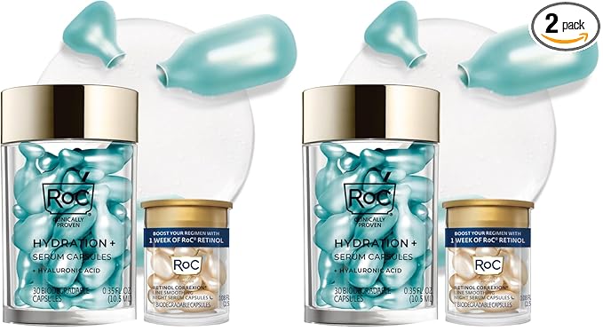 RoC Multi Correxion Hyaluronic Acid Night Serum Capsules (30 CT) for Intense Hydration + RoC Retinol Capsules (7 CT), Anti-Aging Skin Care Wrinkle Treatment for Women and Men, (Pack of 2)