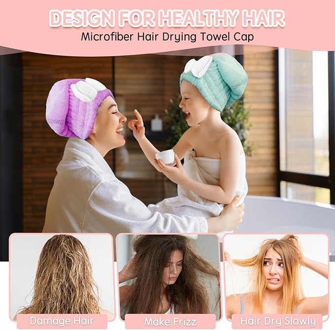 Microfiber Hair Drying Caps, 5-Pack Extra Soft and Ultra Absorbent Fast-Drying Hair Turban Wraps, Shower Caps for Girls and Women with Cute Bowtie Design（11" L x 10" W）