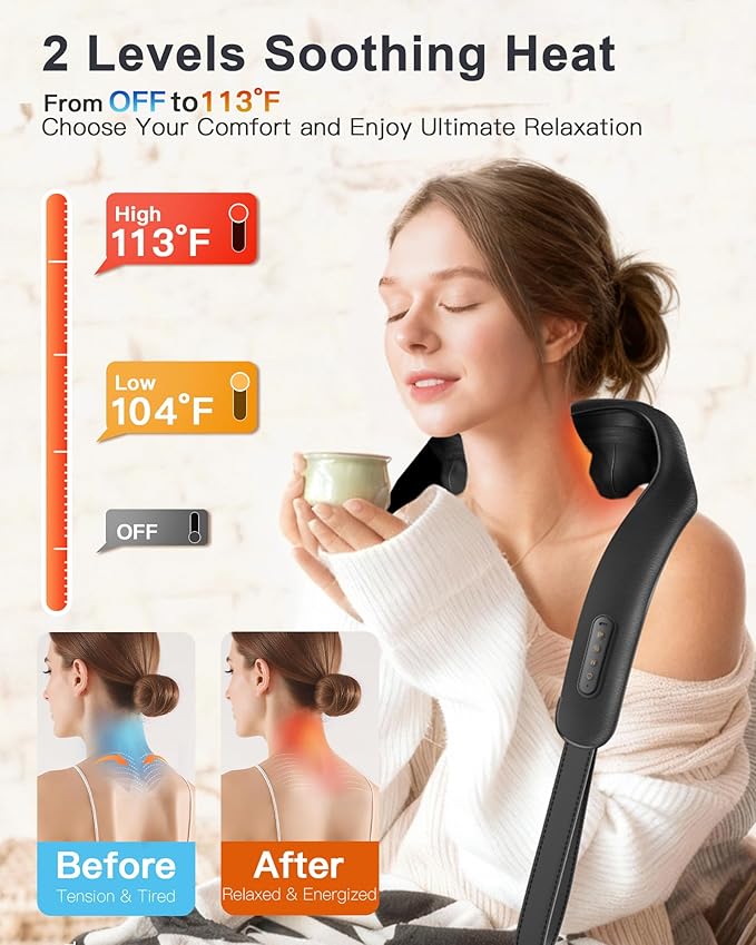 Neck Massager with Heat : Cordless Shoulder and Neck Massager for Pain Relief Deep Tissue - 3 Modes, 2 Intensity & 2 Heating Setting, Heated Kneading Massage Daily Comfort, Office and Home Use