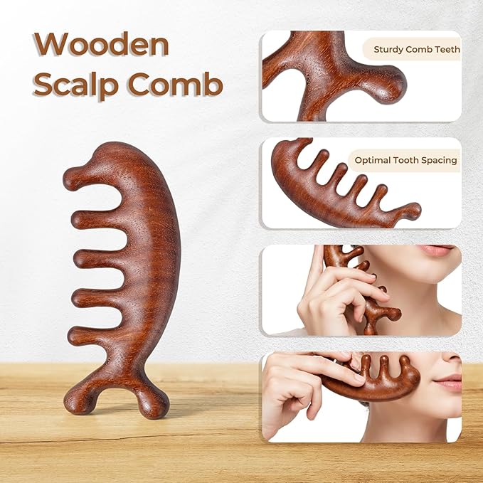 Wooden Scalp Massager & Hair Scrubber, Head Massager Brush for Hair Growth, Natural Sandalwood Wide Tooth Combs, Manual Scalp Scrubber, Portable Scalps Brush for Woman Men Wet Dry Hairs