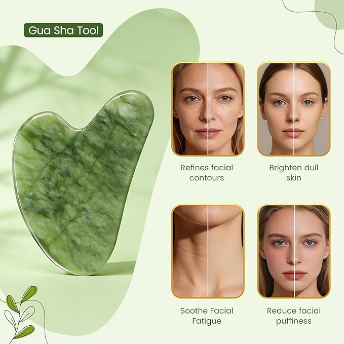 MANLENO Jade Roller & Gua Sha Set - Natural Jade Face Roller Facial Massage Skincare Tools for Women,Reduce Puffiness and Fine Lines (Forest Green)