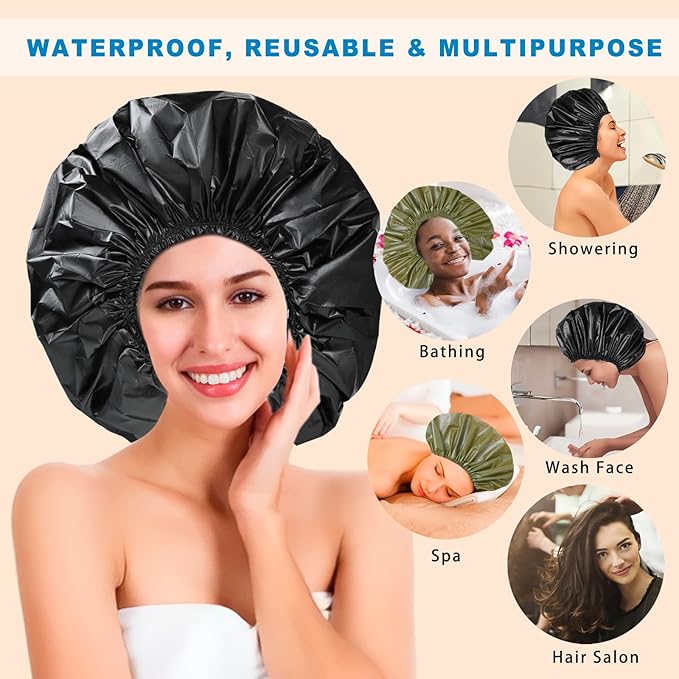 Jumbo Size Shower Cap 2 PCS Waterproof Shower Caps for Women, Extra Large Shower Cap, Reusable Super Large Bath Caps Hair Cap for Long Thick Curly Hair, Locs, Twist Braids - Black+Green