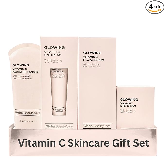 Global Beauty Care Vitamin C Glow Skincare Set - Complete Face Care Routine, Facial Cleanser, Serum, Eye Cream & Face Cream, with Niacinimade, AHA's & Vitamin E For Radiant Smooth Skin, 4-Piece Set