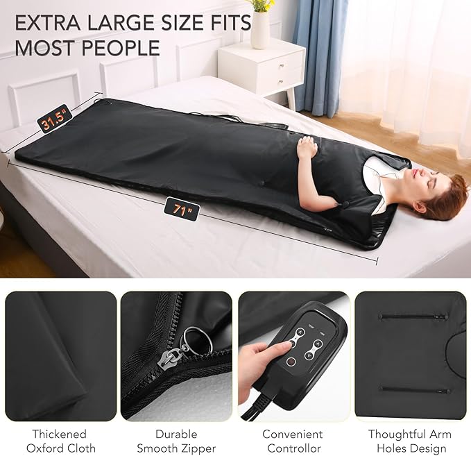 Infrared Sauna Blanket for Home Use,Portable Far Infrared Home Sauna for Detox, Tension, and Relaxation,Adjustable Temperature(86℉-158℉) & 20-60 Minutes Timer, Black