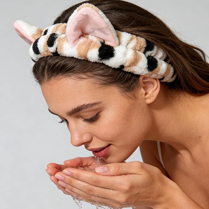 2 PCS Cute Cat Ear Spa Headband For Washing Face, Skincare Makeup Headbands For Women, Soft Coral Fleece Hair Accessories (Yellow+Leopard)