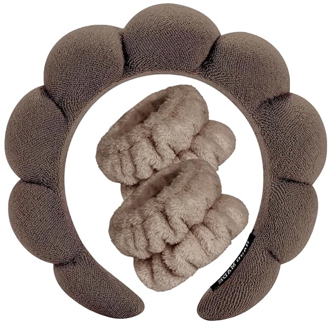 Spa Headbands for Washing Face Wristband Set Sponge Makeup Skincare Headband Wrist Towels Bubble Soft Terry Towel Cloth Hairband for Women Puffy Headwear Non Slip Thick Thin Hair Headwear (Brown)