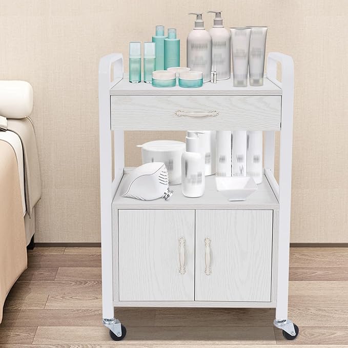 Salon Cart,Salon Storage Cart with Drawers, 4 Wheels and Handles, Movable Beauty Organizer, Salon Trolley for Beauty Salons, Barber Shops, Nail Salons, Spas (White)
