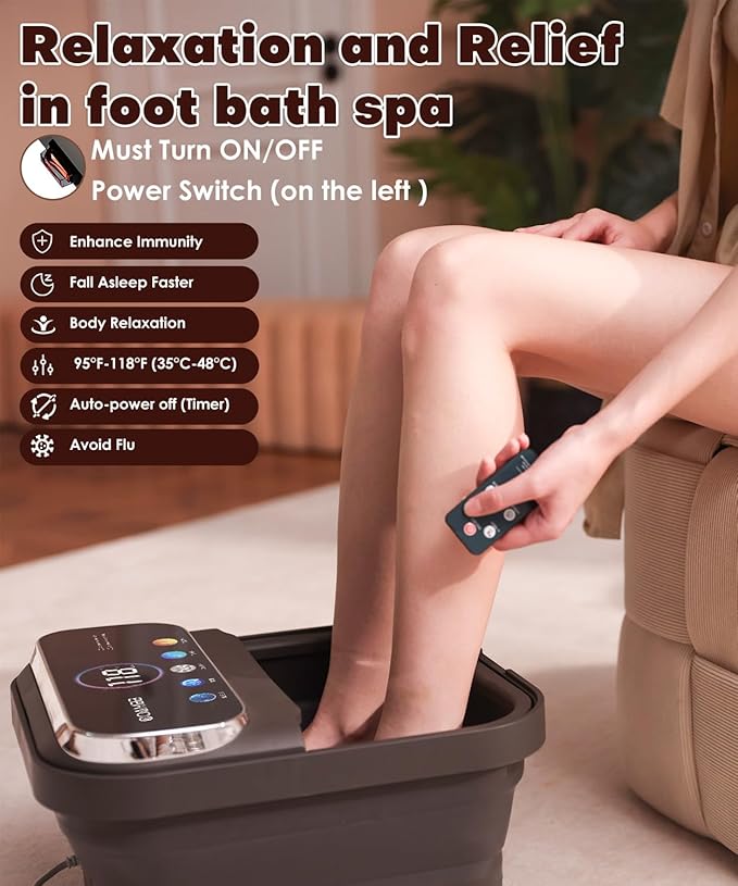 OOAMBB Collapsible Foot Spa with Heat, Bubble,Temp Control,Remote Control, Color Touch Screen Foot Bath Massager with 6 Massage Rollers,Foot Soaking Tub,Pedicure Foot spa for Stress Relief (Deep Grey)