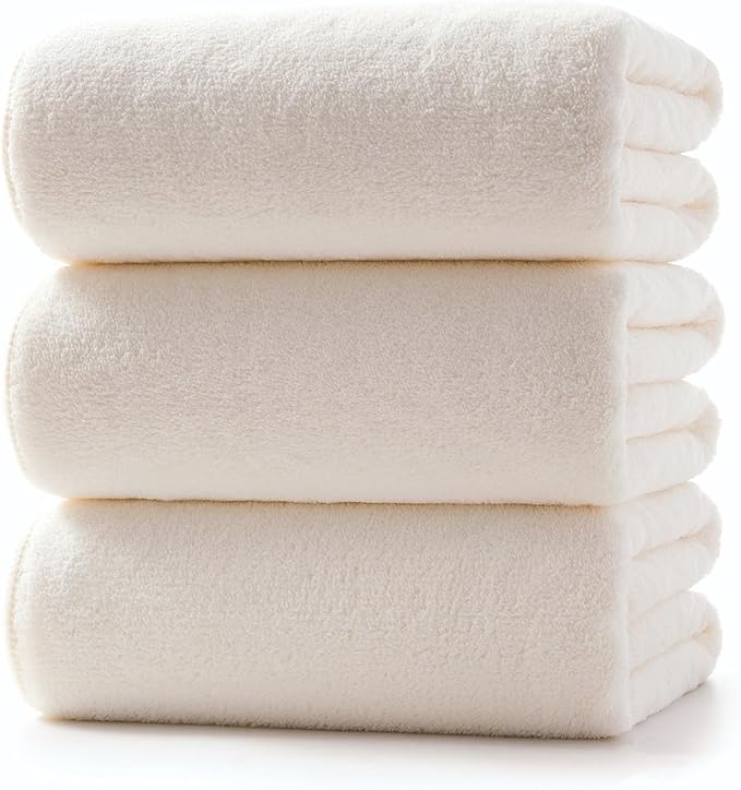 Lumimi Towels 3 Piece Very Soft Microfiber Bath Sheet Towel Set Super Absorbent Light Quick Dry and Durable, 55" L x 27" W, 3 Pack Cream White