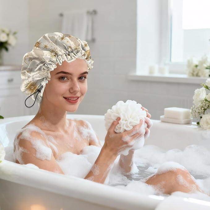 Shower Cap Reusable Double Layer Adjustable Elastic Waterproof EVA Hair Bath Caps for Women Girls Cute Aesthetic-Sun
