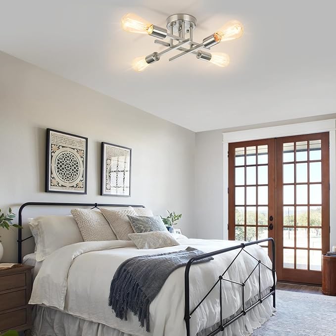 SunRider Industrial 4-Light Semi Flush Mount Ceiling Light Fixture, Brushed Nickel, Silver Farmhouse Sputnik Chandelier Pendant Lamp for Living Room