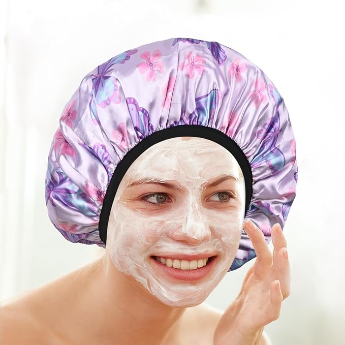 Purple Butterfly Print Satin Shower Cap, Three-Layer Terry Cloth Lined, with Silk Hair Ties, Microfiber Waterproof Reusable Large Size Shower Cap for Women Long Thick Hair