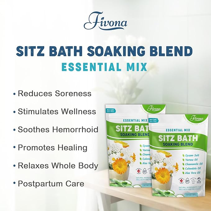 Fivona All Natural Sitz Bath Soaking Blend - Epsom Salt with Pure Essentials Oils - for Hemorrhoid, Fissure, Postpartum Care, Bartholin Cyst Treatment - Essential Mix - 2 Pack (14.1 oz Each)