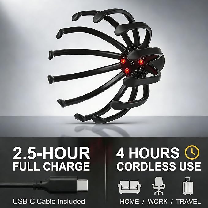 Electric Scalp Massager - 360° Rotation Head Massager with 3 Modes, Waterproof for Shower, Cordless Scalp & Hair Massager for Stress Relief, Hair Growth & Migraine Relaxation, Home & Travel