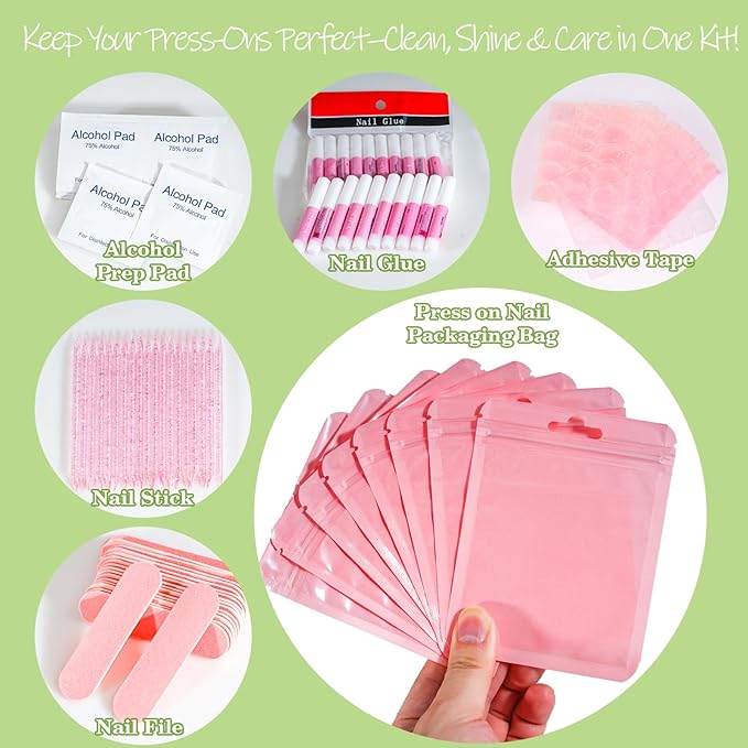 Press On Nail Tool Kit with Everything, Bebbtiy Nail Prep Tool Disposable Manicure Kit with Nail File, Nail Glue, Prep Pads, Adhesive Nail Tabs,Wood Stick, Packaging Bag (20pcs-pink)