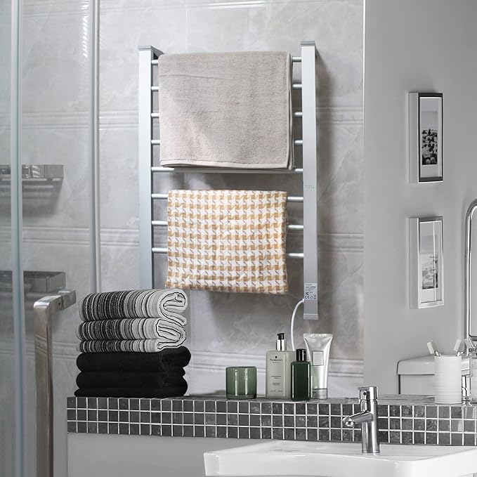 ELEGANTLIFE Electric Towel Warmer for Bathroom, Heated Towel Rack with Timer & Auto Shut-Off, Freestanding or Wall-Mounted Aluminum 8-Bar Design for Towels and Bath Sheets