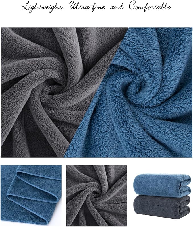 Lumimi 2 Pack Premium Microfiber Bath Towels - Ultra Soft & Quick Dry 55" L x 27" W, Lightweight & Highly Absorbent Blue Dark Grey