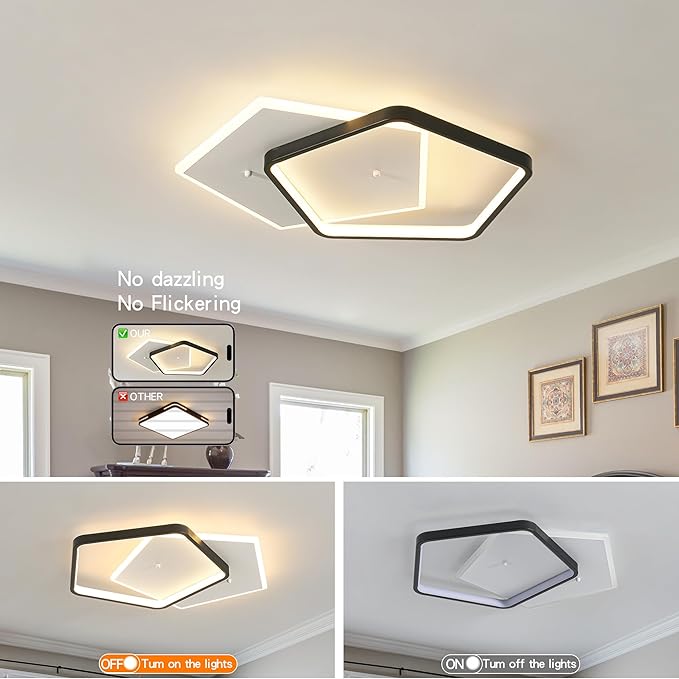 Shine LUEST Modern LED Ceiling Light Fixture Dimmable Black Flush Mount Ceiling Light 20.08" Bedroom Ceiling Lamp with Remote Control Pentagonal Ceiling Light for Kitchen,Entryway,Balcony,Wardrobe