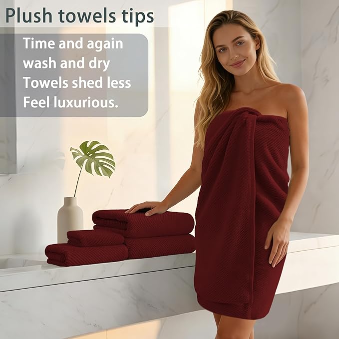 VOOVA & MOVAS Burgundy Towel Set - 100% Cotton | Lightweight | Soft | Quick Dry, 6 Piece Towel Set,2 Large Bath 30"x56", 2 Hand 18"x28", 2 Washcloths 13"x13", Towels Gift Set, Red Towels