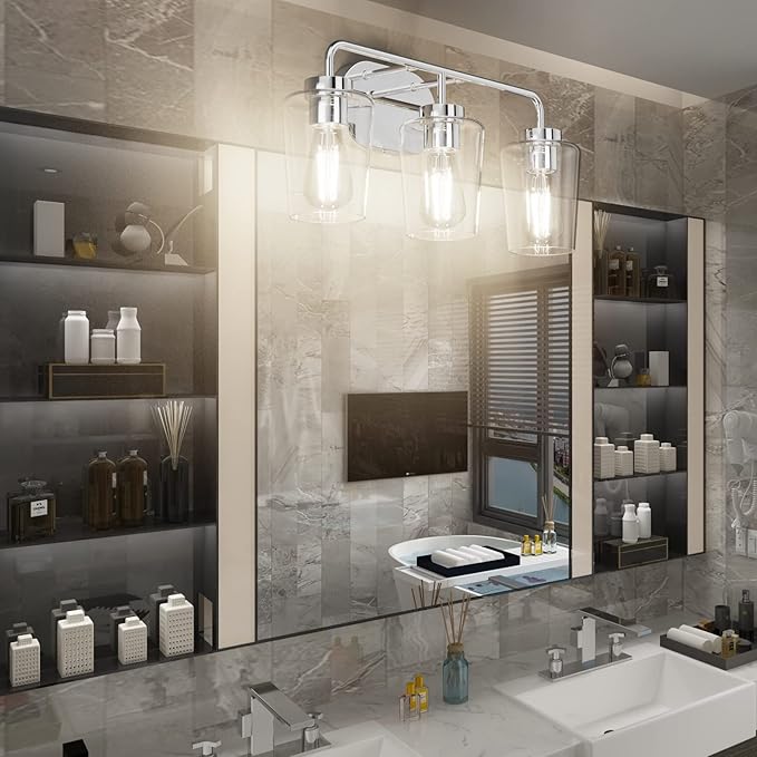 Tipace Modern Bathroom Vanity Lighting Fixtures 3-Lights Industrial Stainless Steel Chrome Finish with Clear Glass Vanity Lights Farmhouse Bath Lighting(Exclude Bulb)
