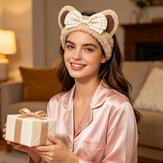 PERFECTSIGHT Kawaii Headband for Spa, Makeup, Washing Face, Party - 2 Pack Cute Cat Ear Hair Band for Shower Beauty Skincare, Soft Facial Headbands for Girls and Women (Beige+Coffee Bow)