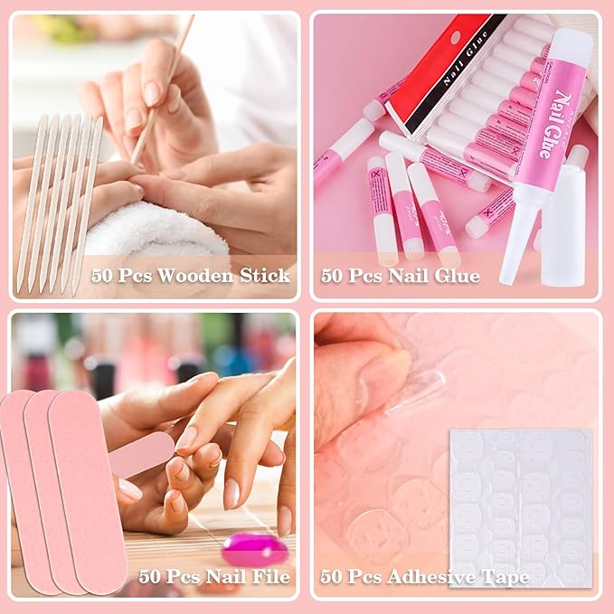 Press On Nail Tool Kit for Business - Prep Application Disposable Kit With File, Glue, Prep Pads, Instruction Card, Adhesive Tabs, Wood Stick, Holographic Bag (50pcs in Pink)