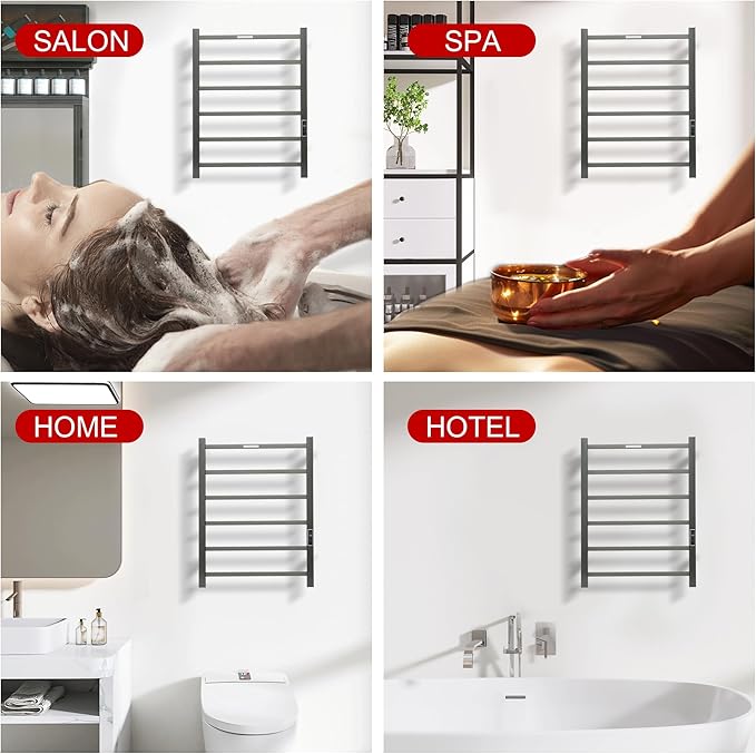 Heated Towel Racks for Bathroom, Wall Mounted Electric Towel Warmer Racks with Timer & Temperature Control, Stainless Steel Towel Heater for Bathroom (Square-Gunmetal Grey 6 Bars)