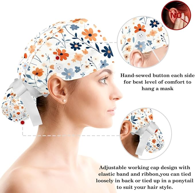 Scrub Caps Women Nursing Hats Floral Flowers with Buttons Ponytail Working Adjustable Pouch Tie Back