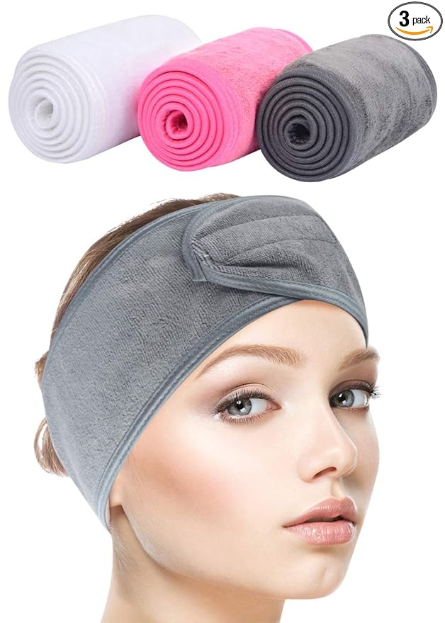 SINLAND Spa Headband for Women 3 Counts Adjustable Makeup Hair Band with Magic Tape,Head Wrap for Face Care, Makeup and Sports