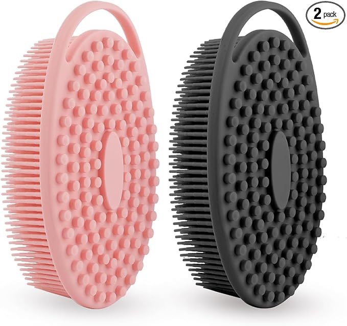 Silicone Body Scrubber 2 Pack Silicone Loofah Exfoliating Body Scrubber Soft Silicone Shower Brush with Handle Double Sided Bath Body Brush for Women Men Cleaning Massage Sensitive Skin, (Pink, Black)