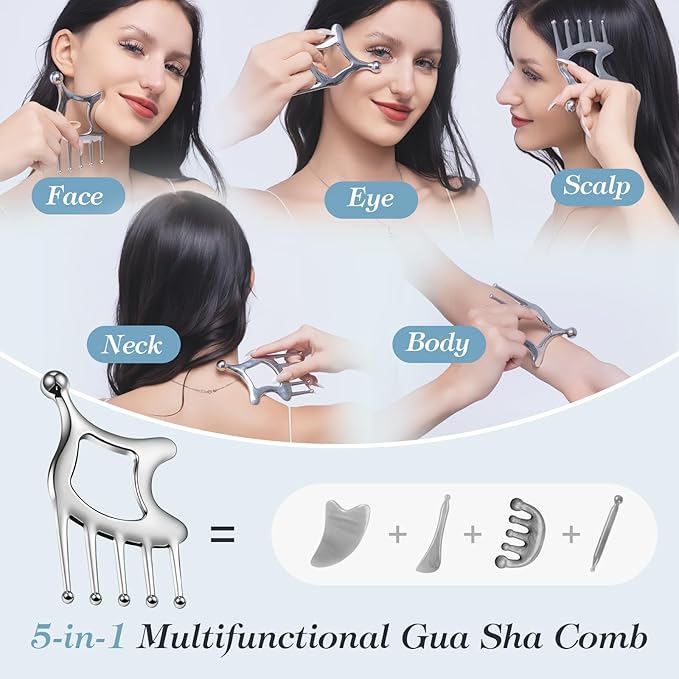 Scalp Massager, 5in1 Hair Scalp Massage Tool for Head Face Body, Protable Scalp Gua Sha Comb for Deep Relaxation and Relieving Pain, Acupressure and Trigger Point Tool for SPA