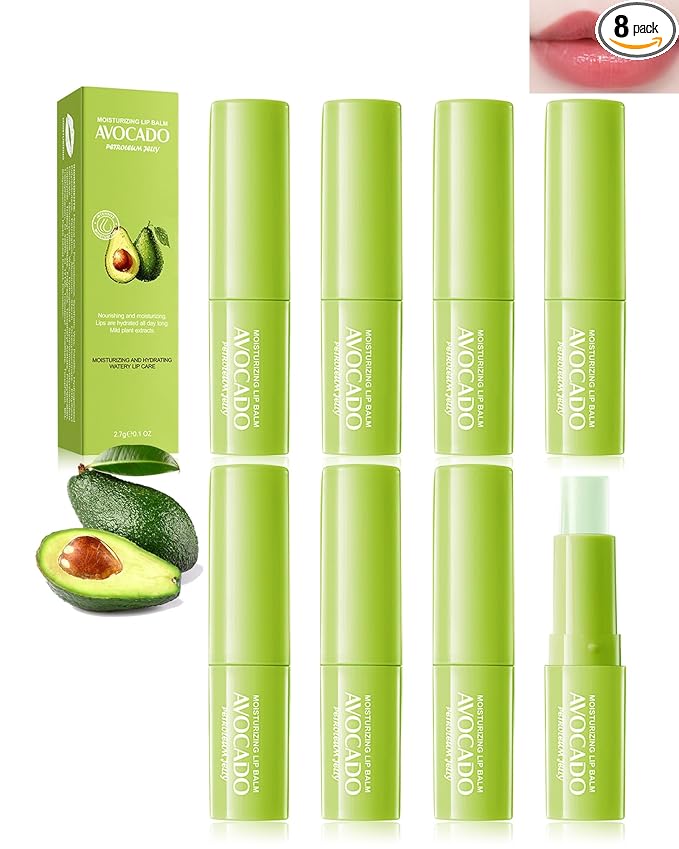 Lip Balm Set-8pcs Avocado Hydrating Lip Balm, Moisturizing Soothing Care Lip Moisturizer, Improve Dry & Chapped Lips, Colorless Non-Sticky Lip Primer, Women's Day Lip Care Gift Kit for Women Girl
