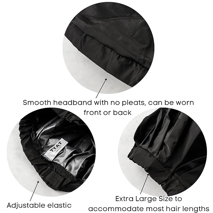 TTAT Shower Cap Extra Large for Men & Women With Braids, Locs, Afro, Coily, and Long Hair, Waterproof, Washable, Reusable & Adjustable, Great for Home, Spa, Self Care, Hotel & Salon (Black)
