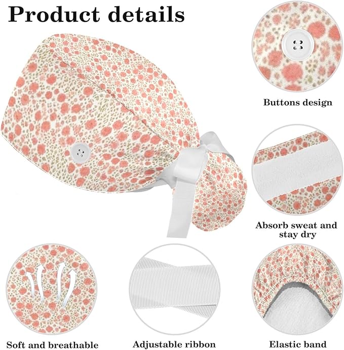 Scrub Caps Women Nursing Hats Floral Flowers with Buttons Ponytail Working Adjustable Pouch Tie Back