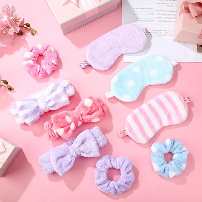 Kajaia 48 Pcs Sleepover Party Supplies for Girls Slumber Party Supplies for Women Spa Headband Favor Mask Scrunchies Bag(Macaron,Sweet)