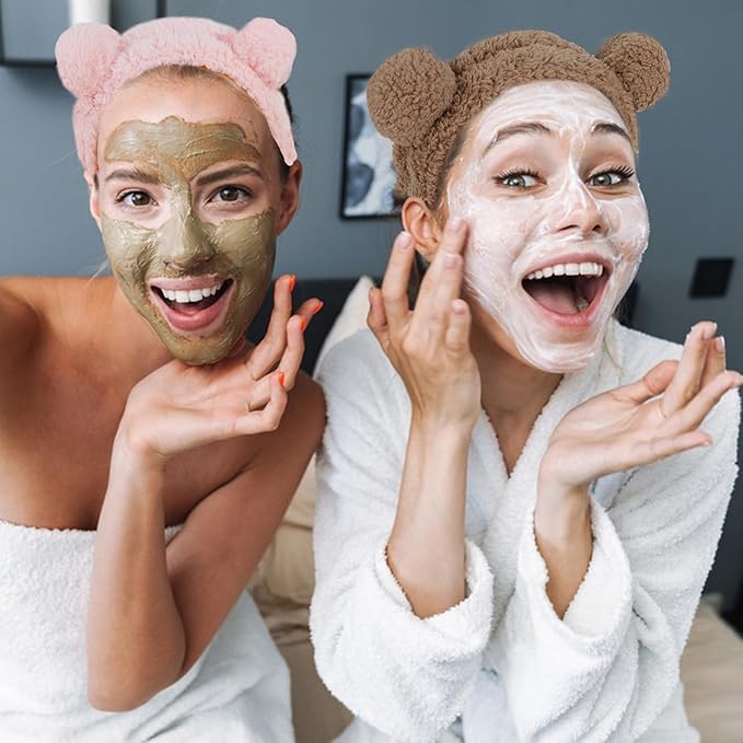 WHAVEL 2PCS Spa Headband - Cute Bear Ears Makeup Headband for Face Wash, Soft Facial Hair Band (Pink, Coffee)