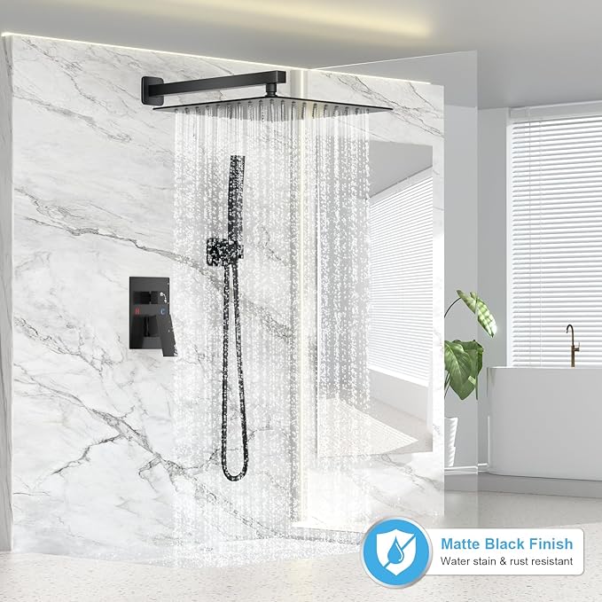 FPXRNG Black Shower Faucet Set, Rainfall Shower System with Square Shower Head and Handle Set, Wall Mounted Shower Fixtures, Full Metal Trim Repair Kit 16 inch Matte Black (With Shower Valve)