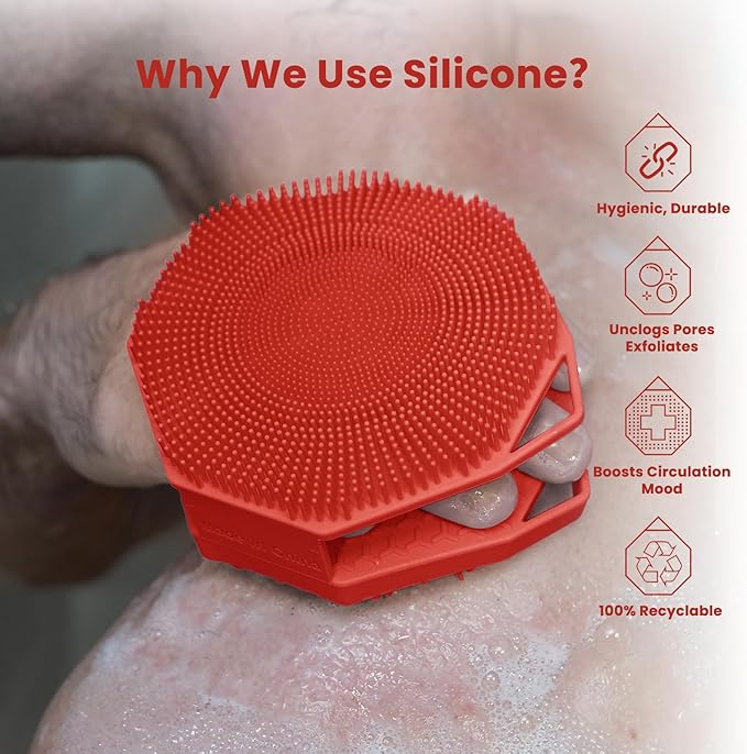 iTokGoK® Silver-Infused 2-in-1 Silicone Body Scrubber, Double-Sided Design Body Brush Silicone Body Scrubber Exfoliating Body Brushes for All Skin for Showering, Lathers Well- Red