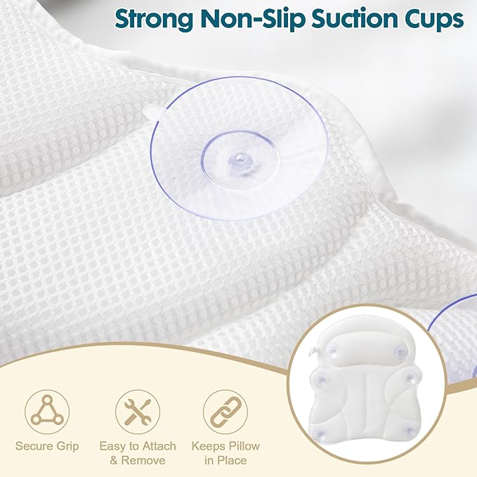 Bath Pillows for Tub – 4D Air Mesh Bathtub Pillow with Head, Neck & Shoulder Support, Larger Size Non-Slip Tub Pillow for Bathtub & Jacuzzi, Bath Tub Pillow with Wash Bag, Gift for Women & Men