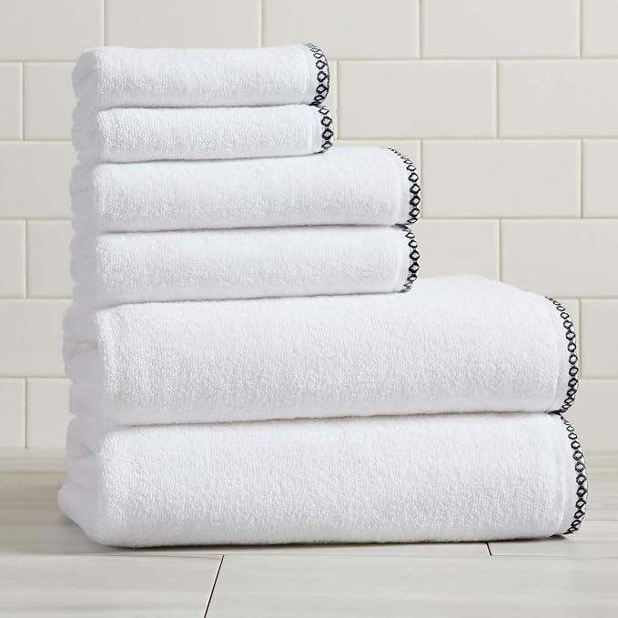 Great Bay Home Black/White Bath Towel Set - Ultra-Soft Cotton, Boho-Chic Border Design - 2 Bath Towels, 2 Hand Towels, 2 Washcloths - Absorbent, Quick-Dry, Lightweight Bathroom Towels