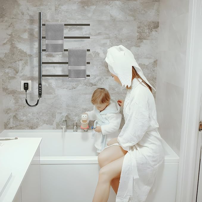 Electric Towel Warmer,5-Bar Rotating Heated Towel Rack,2-3 Minutes to 55°C/131°F,Wall Mounted Towel Warmer with Timer and Multi-Stage Temperature Regulation,Plug-in/Hard-Wired,Grey
